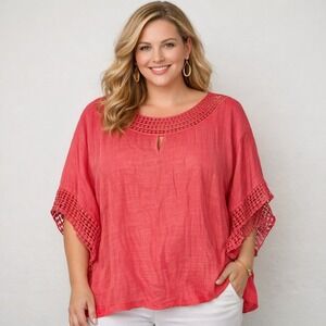 NEW Maria Gabrielle Blouse Women 2X Coral Crochet Lace Keyhole Boho Top Coastal